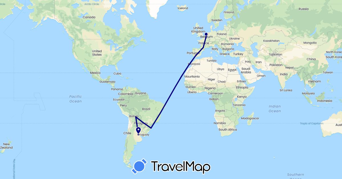 TravelMap itinerary: driving in Argentina, Belgium, Bolivia, Brazil, Spain, France, Netherlands (Europe, South America)